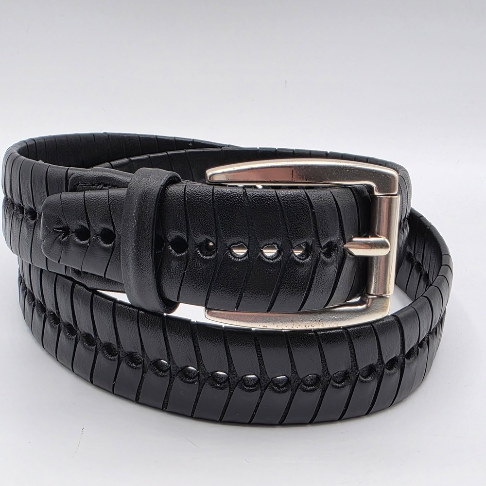 Will Leather Goods Black Genuine Leather Textured Belt Size 34 Silver‎ Buckle